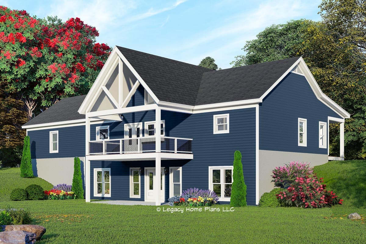 Two-story house plan exterior with dark roof, white trim, covered deck with railings, and prominent gable bracing.