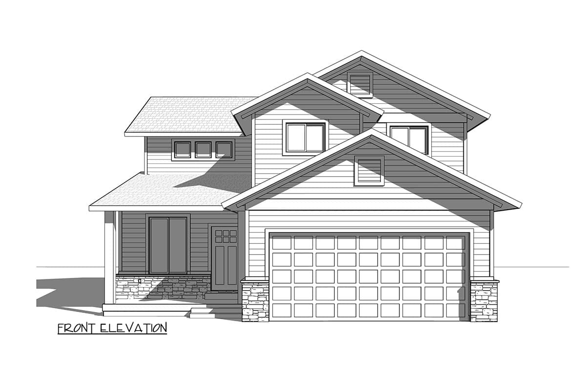 Front elevation drawing of a two-story house with a large garage, covered porch, and multiple gables.