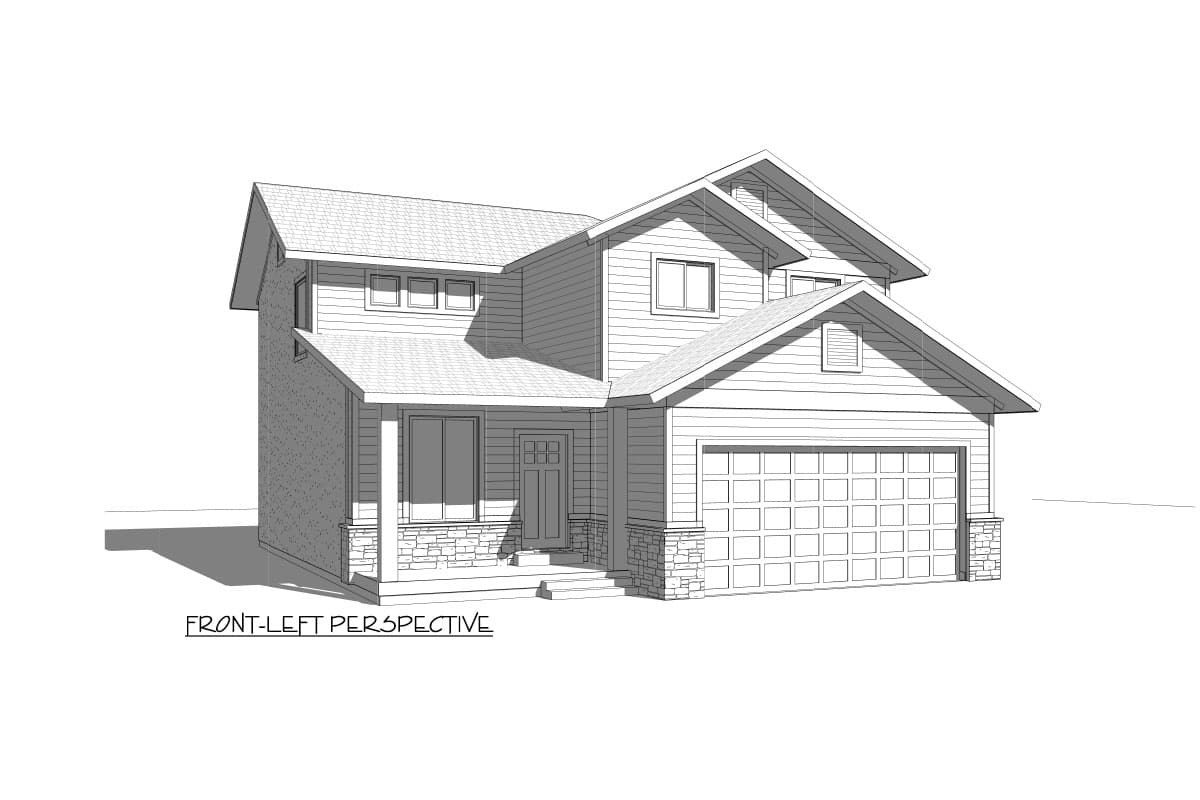 House plan exterior, two-story, Modern Farmhouse style, with covered front porch, stone accents, and attached two-car garage.