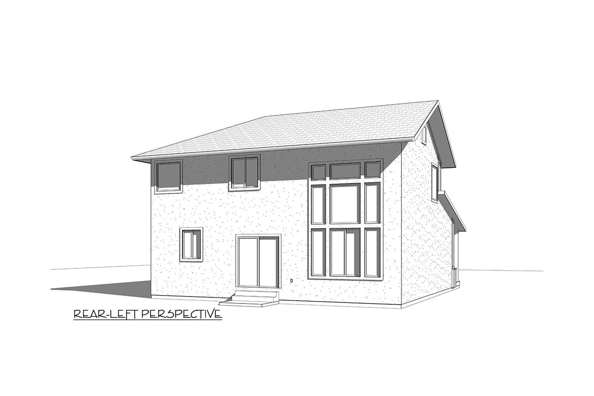 Two-story house plan exterior with a gable roof, a large multi-panel window wall, and sliding glass doors.