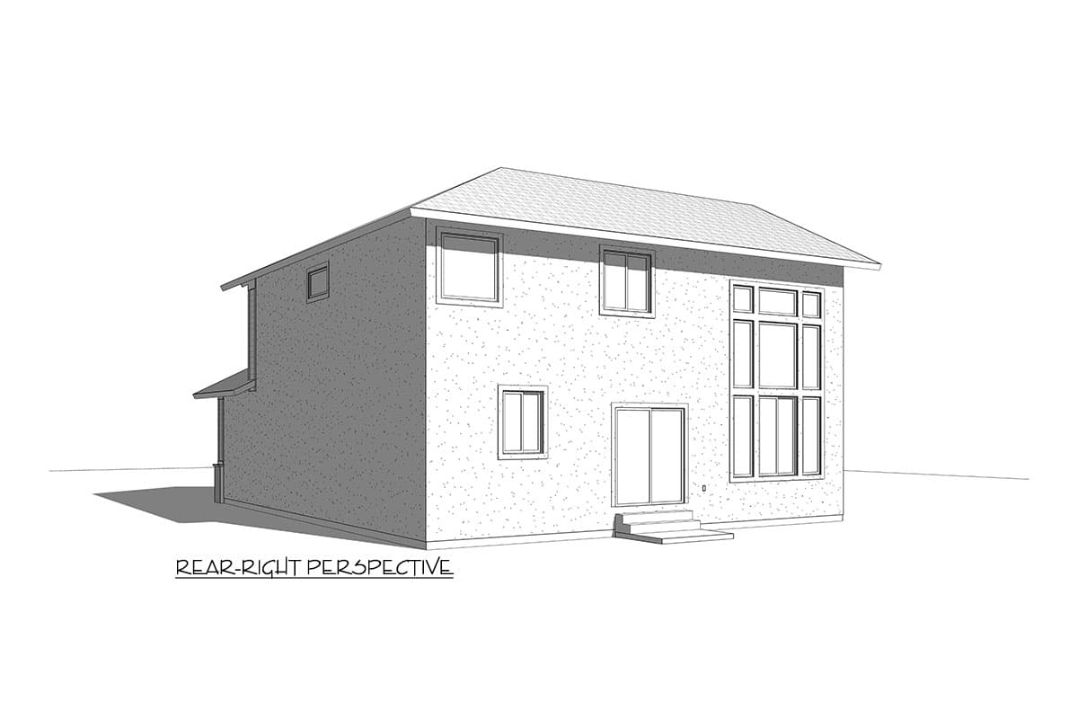 House plan exterior from rear-right perspective shows a two-story structure with a hip roof, numerous windows, and a sliding glass door with steps.