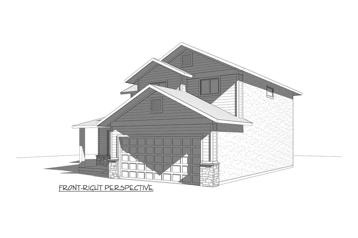House plan exterior, two stories, with a covered porch, multiple gables, and a side-entry garage.
