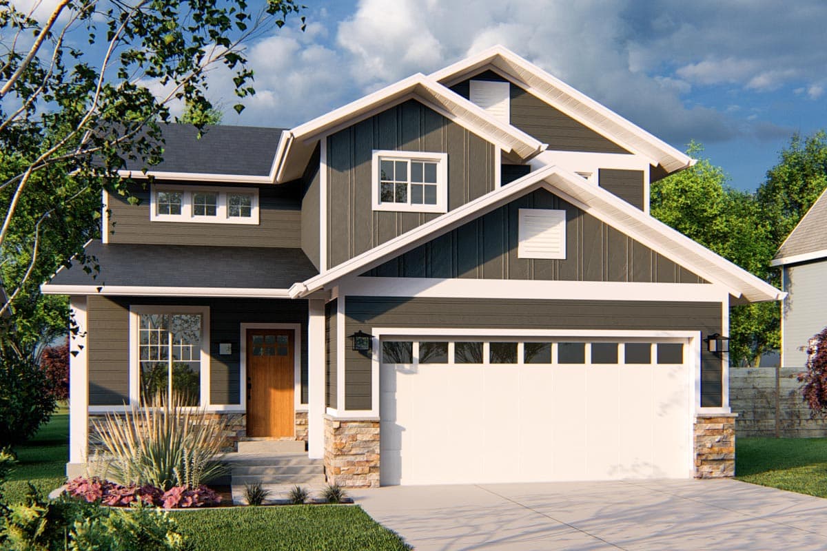 House plan exterior. Two-story Craftsman with gabled roof, stone accents on garage, and multiple window dormers.