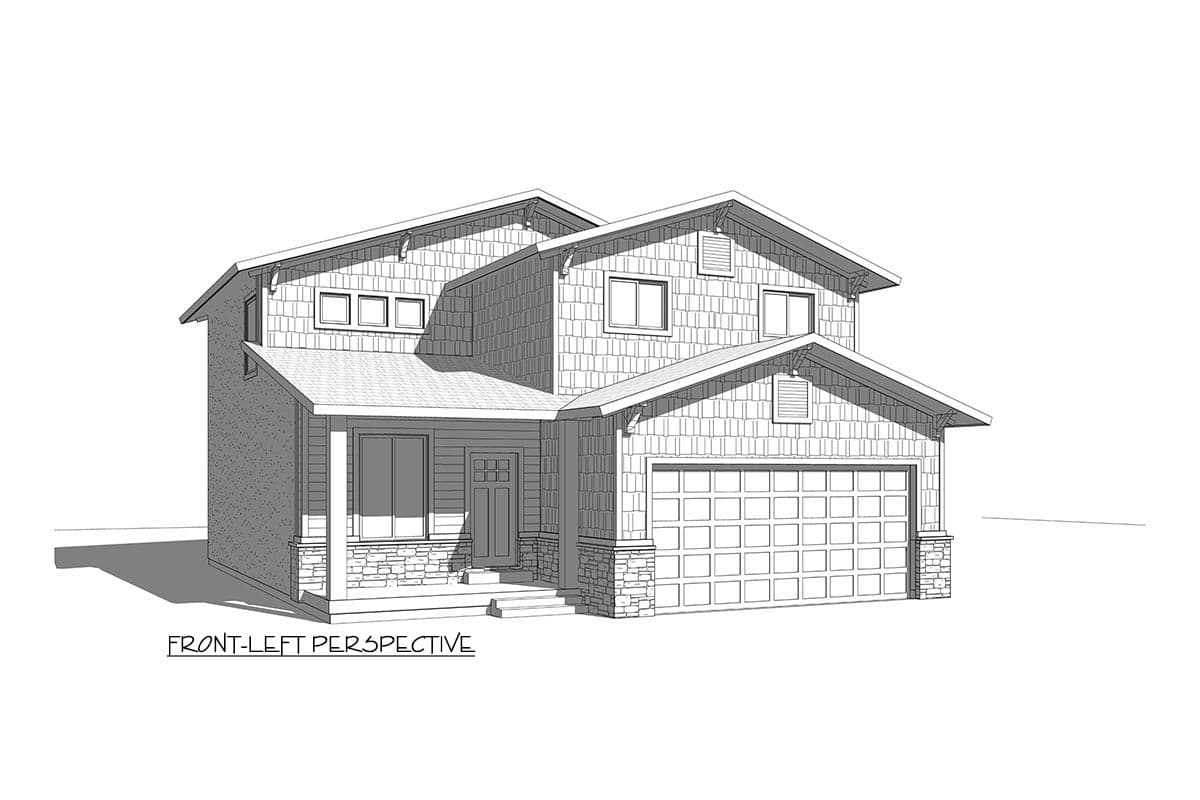 House plan exterior, two-story dwelling with prominent gables, shingle siding, stone accents, and a two-car front-facing garage.