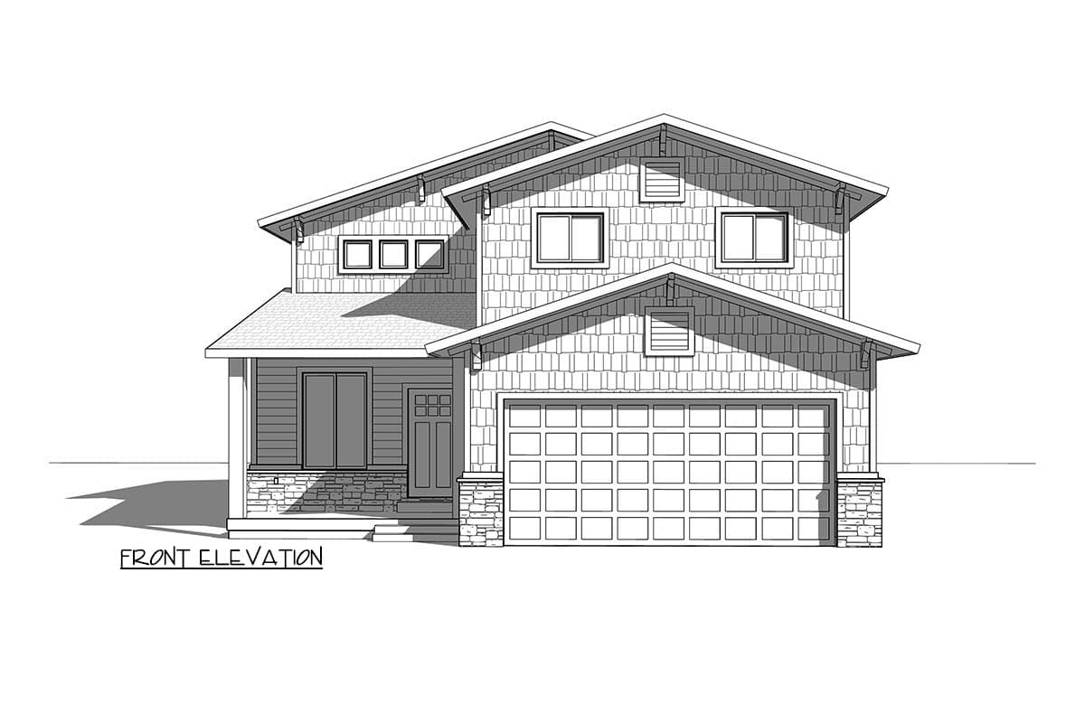 Front elevation drawing of a two-story house with a covered porch, multiple gables, and a two-car garage.