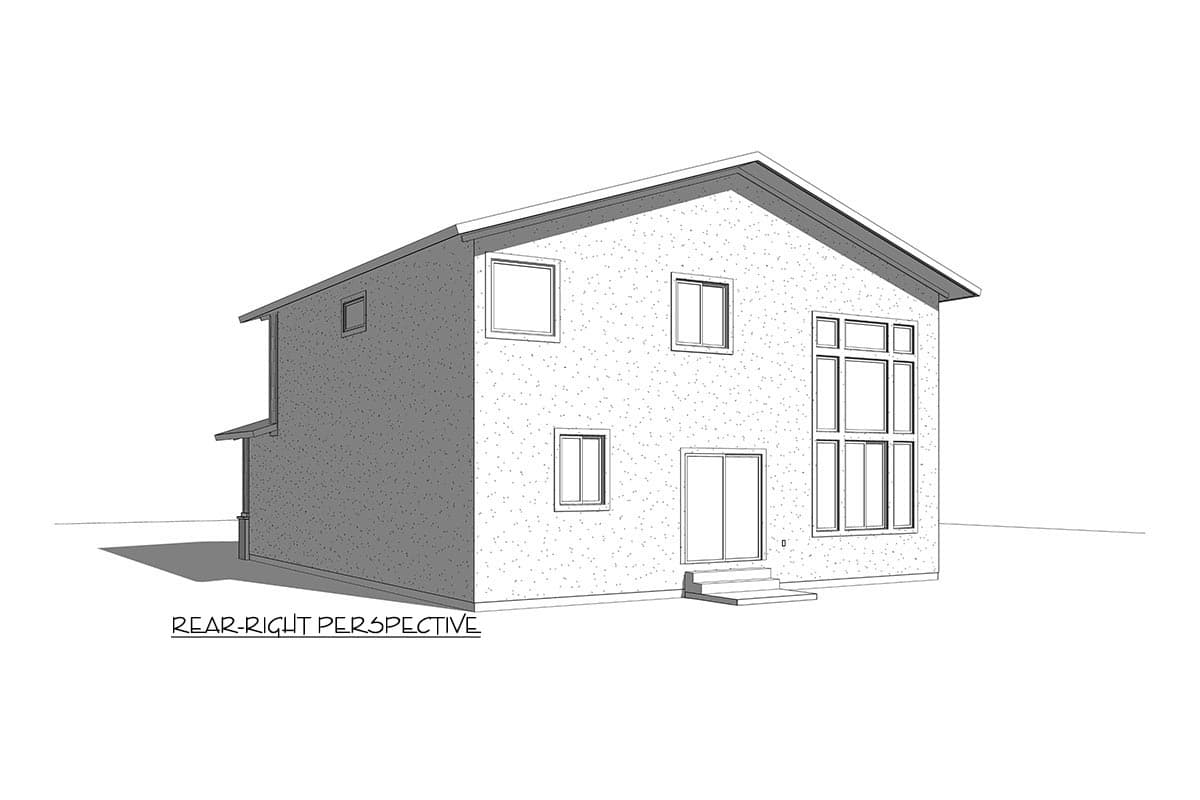 Two-story house plan exterior, rear-right perspective, showing a simple gable roof, multiple windows, and a sliding glass door with steps.