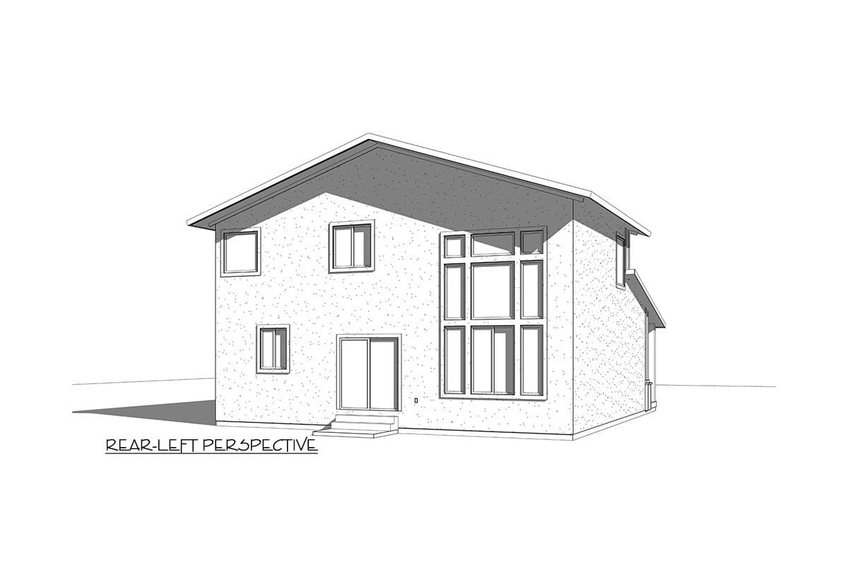 Two-story house plan exterior, rear-left perspective, featuring a prominent multi-pane window wall and a sloped roof.
