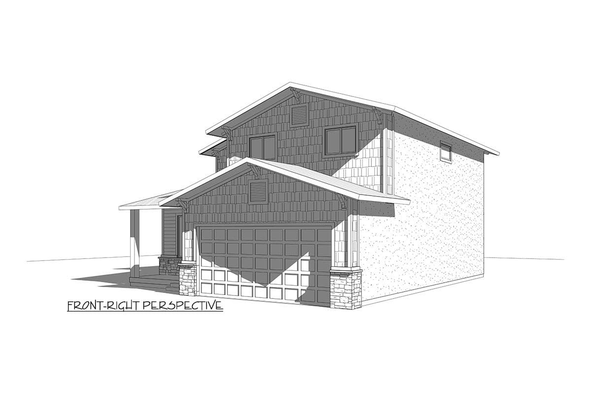 House plan exterior perspective: two-story with a front-facing garage, gable accents, shake siding, and stone base.