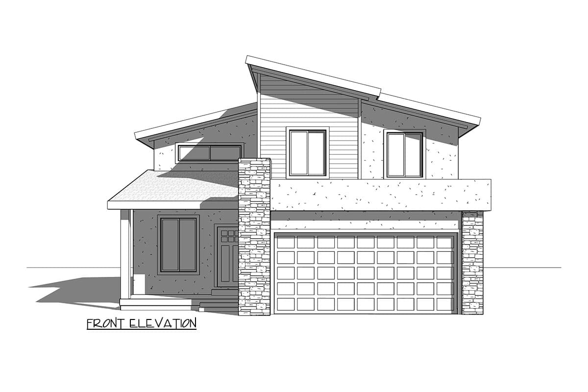 Front elevation house plan with a modern asymmetric roofline, stone accents, siding, and a two-car garage.