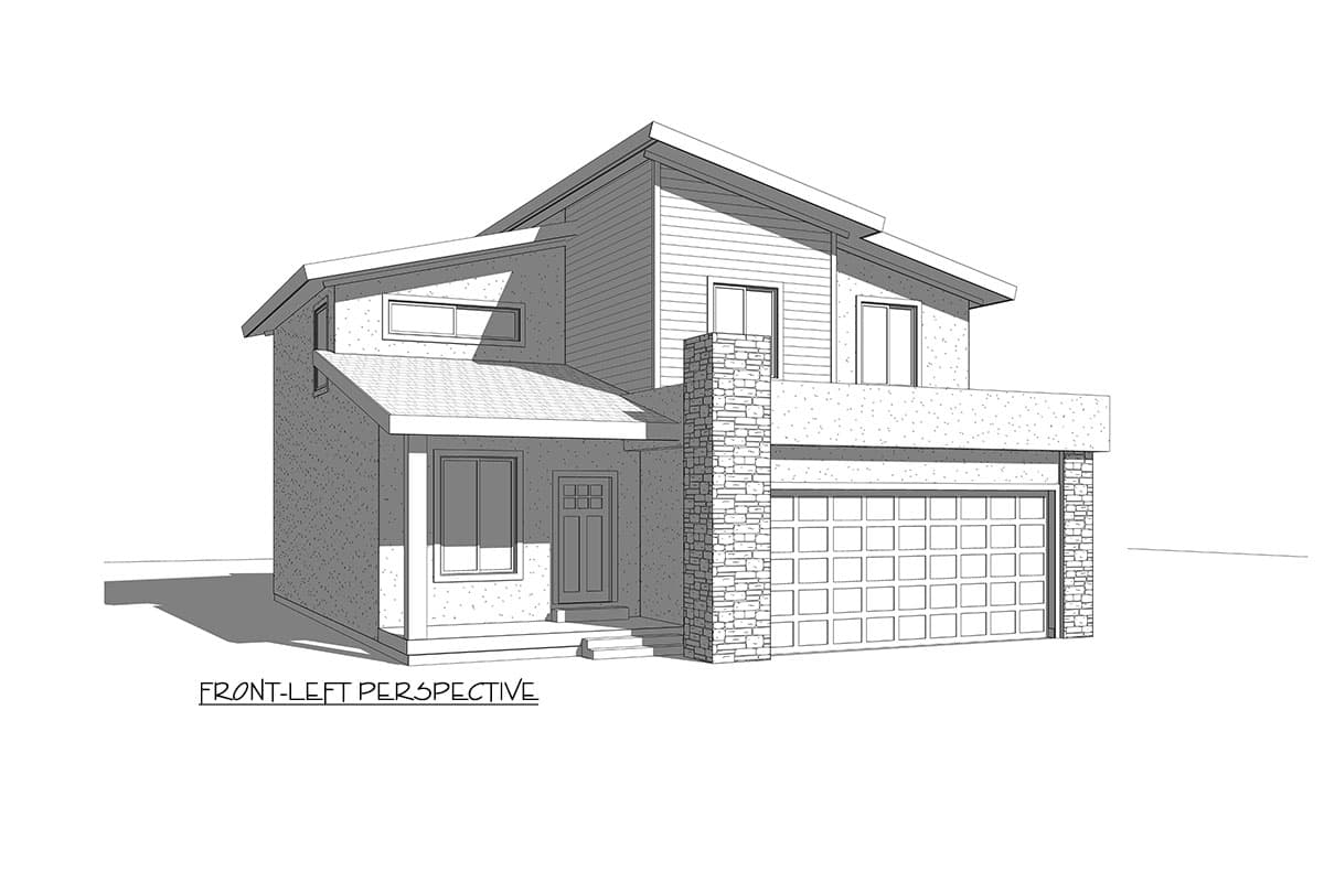 Modern house plan exterior. Two stories, angled rooflines, stone chimney, prominent garage, and a second-story balcony.