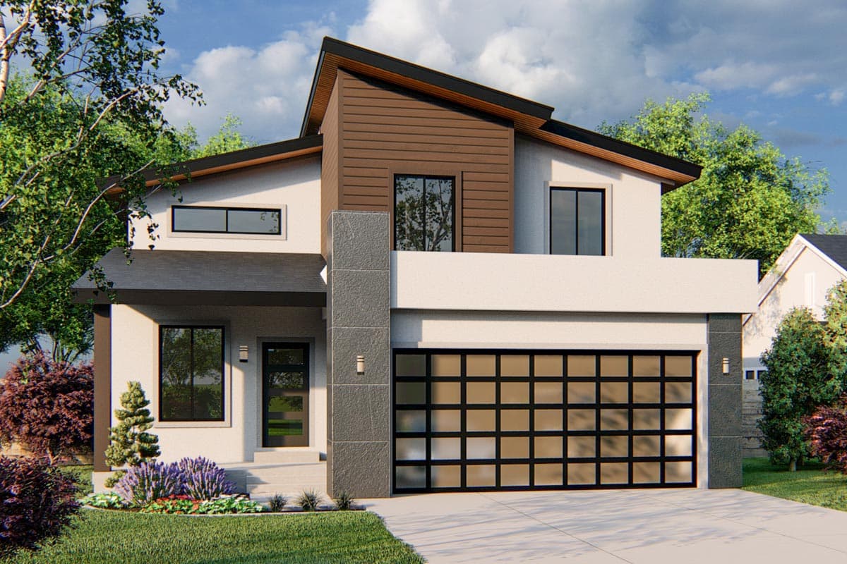 House plan exterior. Two-story Modern house with a glass garage door, flat roof, and a wood-clad accent above the garage.