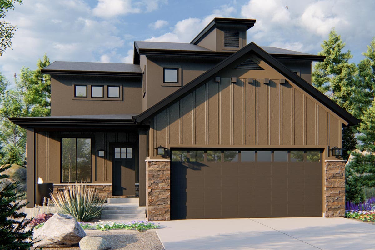 House plan exterior with two stories, Modern Farmhouse style, gabled roof, vertical siding, and a two-car garage.