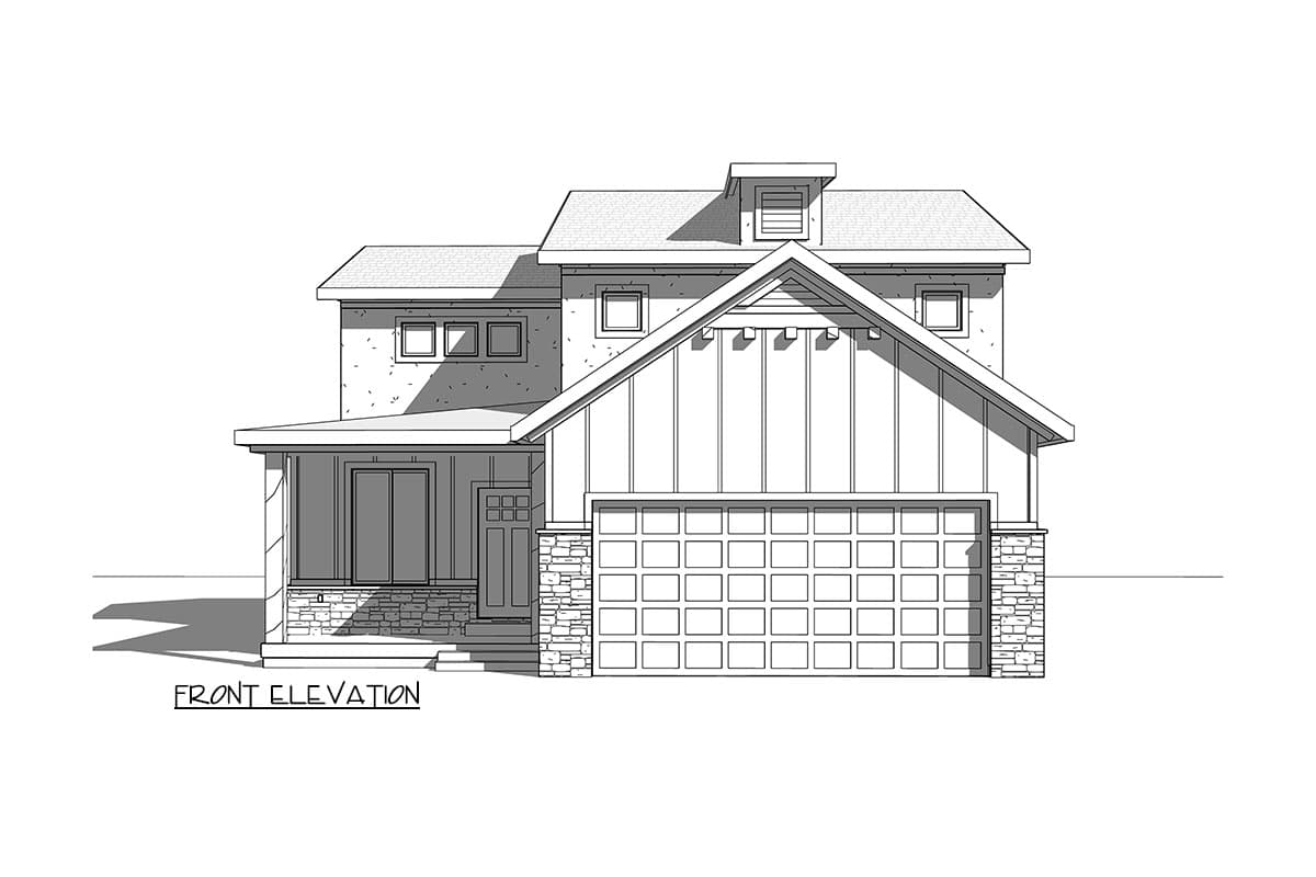 Front elevation drawing of a two-story house with a gable roof, dormer, covered porch, stone accents, and a two-car garage.
