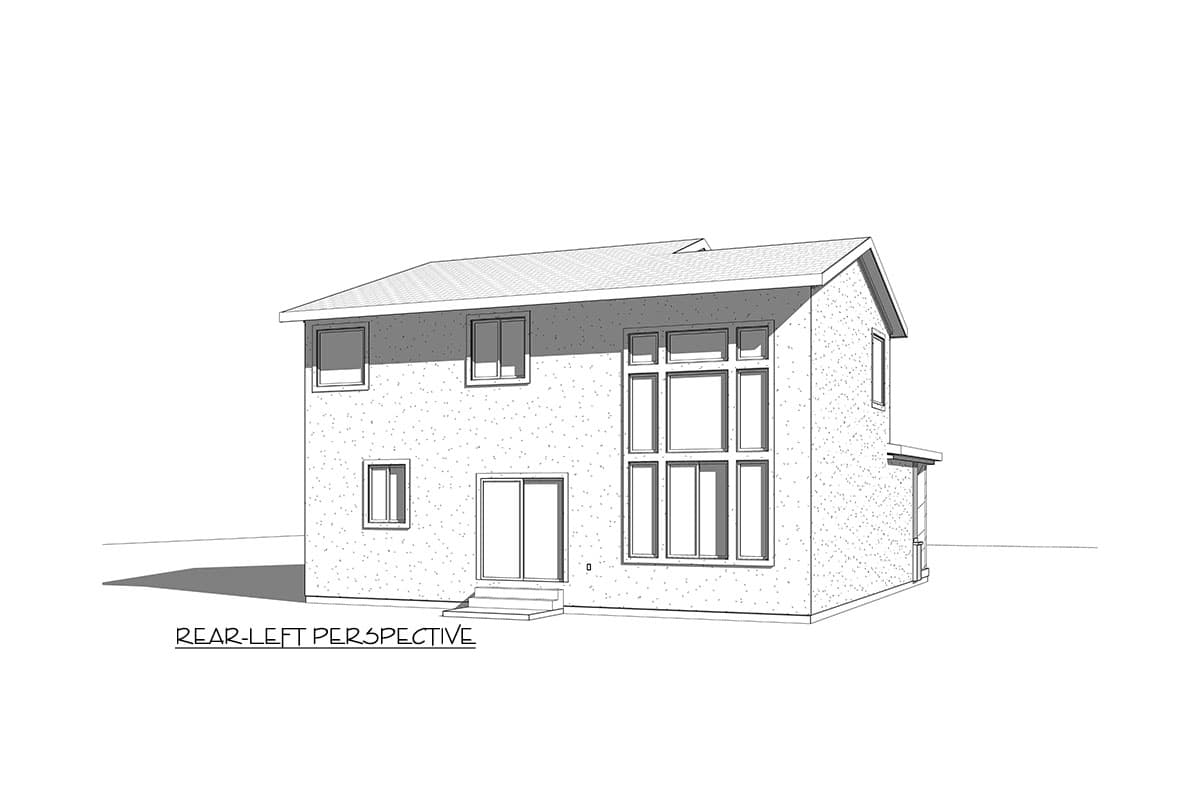 Two-story house plan exterior, rear-left perspective, featuring a prominent multi-pane window wall and a sliding glass door.