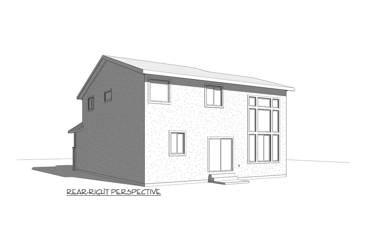 House plan exterior, two-story, gabled roof, with multiple windows and a sliding glass door.