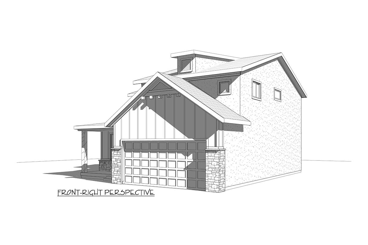 House plan exterior: two-story modern design with pitched gable, dormer, covered porch, and stone-accented garage.