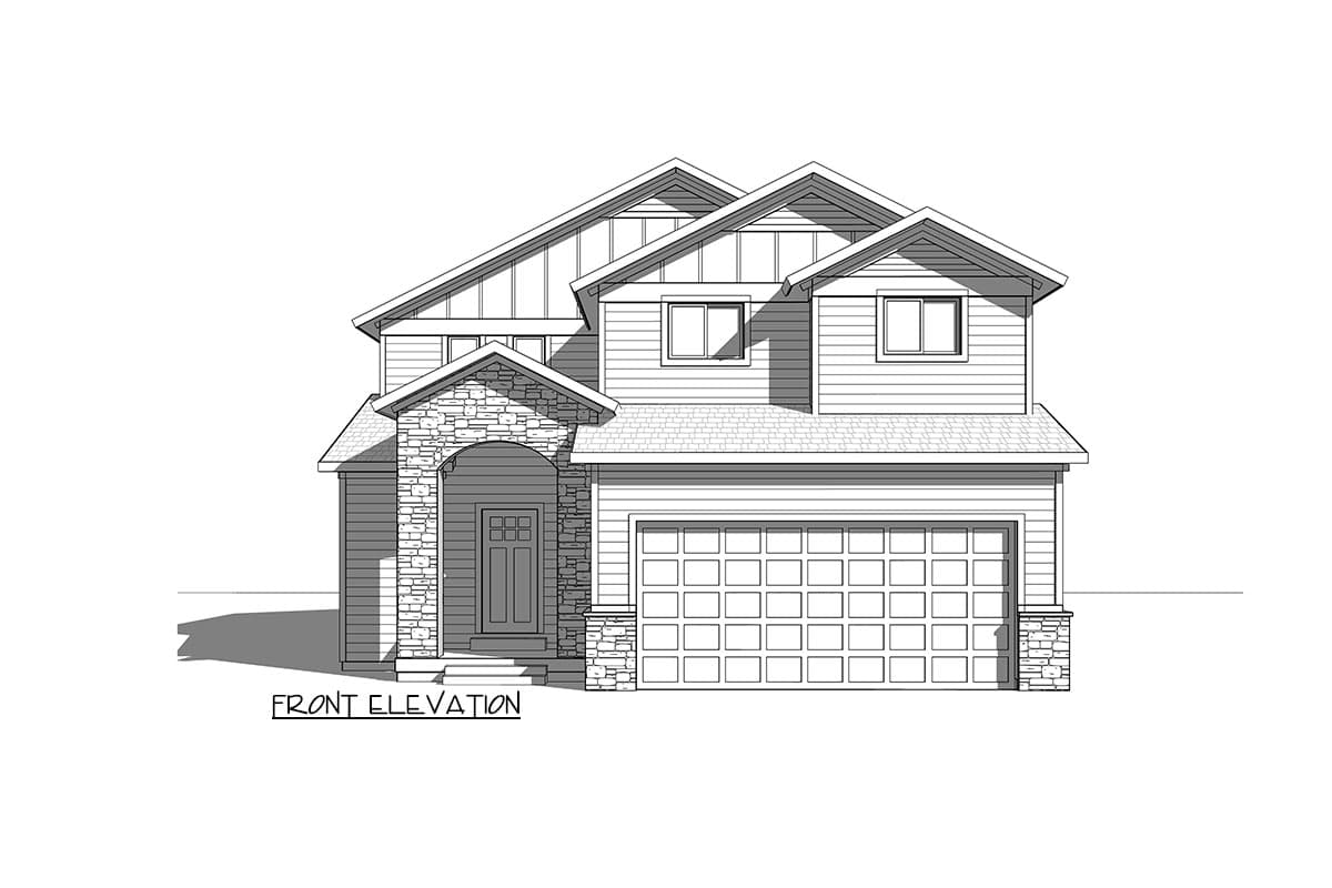 Front elevation drawing of a two-story house plan featuring a stone arch entryway, multiple gables, and a two-car garage.