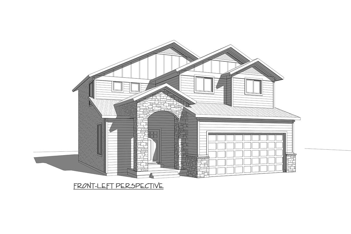 House plan exterior: Two-story home with gabled rooflines, stone-clad arched entryway, horizontal siding, and attached two-car garage.