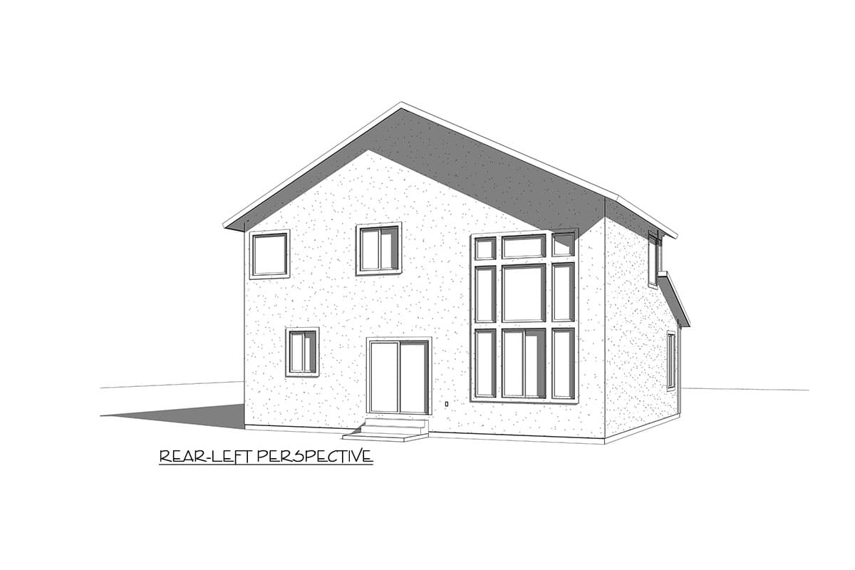 House plan exterior, two-story dwelling with a gable roof, featuring a large multi-pane window wall and sliding doors.