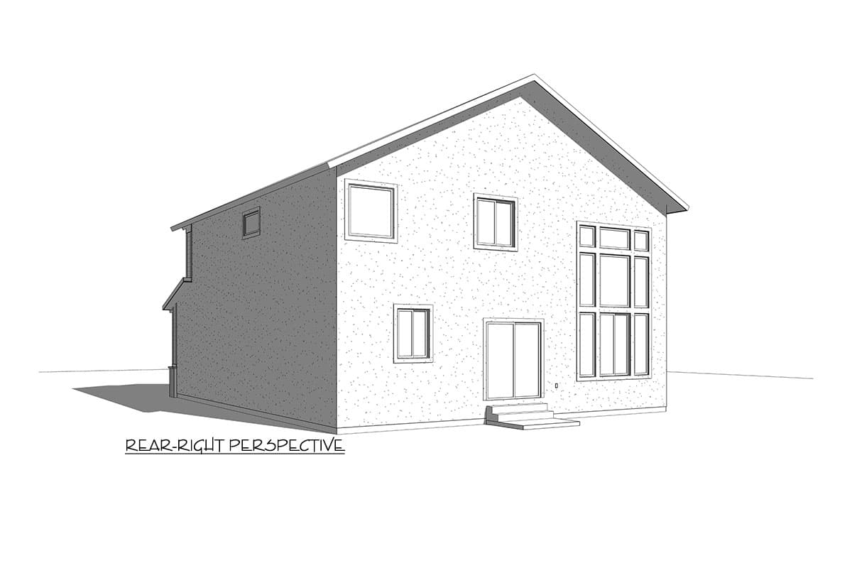 Rear-right perspective of a two-story house plan. Features include gabled roof, multiple windows, and a sliding glass door with steps.