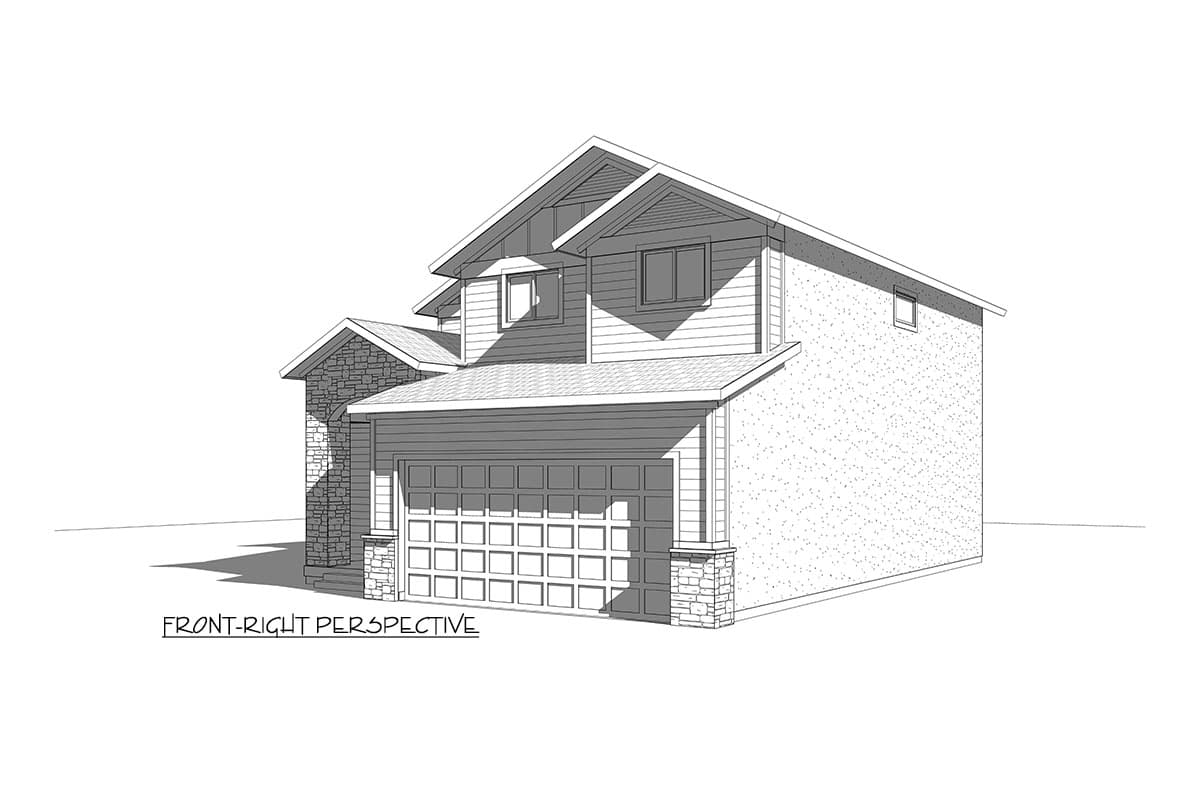 House plan exterior, two-story, featuring a front-facing garage, stone accents, and prominent gables.