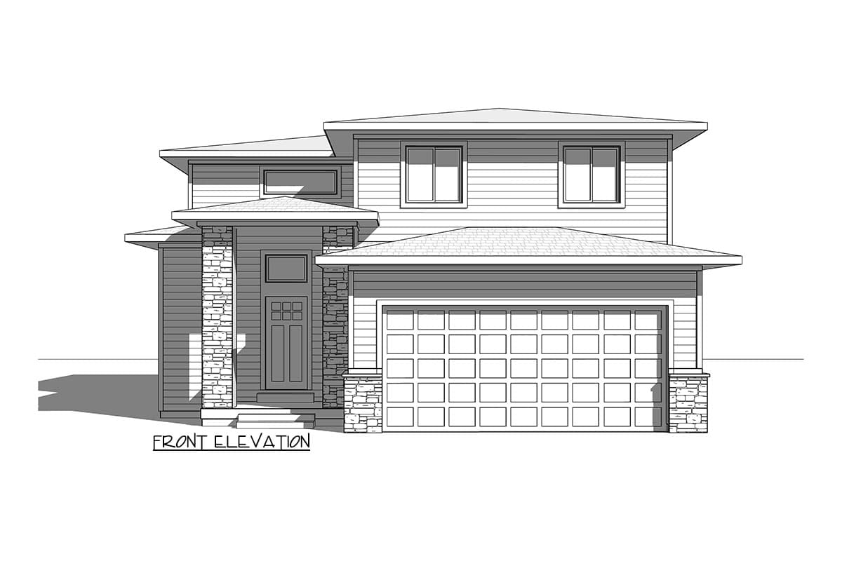 Front elevation drawing of a two-story house plan with a two-car garage, stone accents, and layered rooflines.
