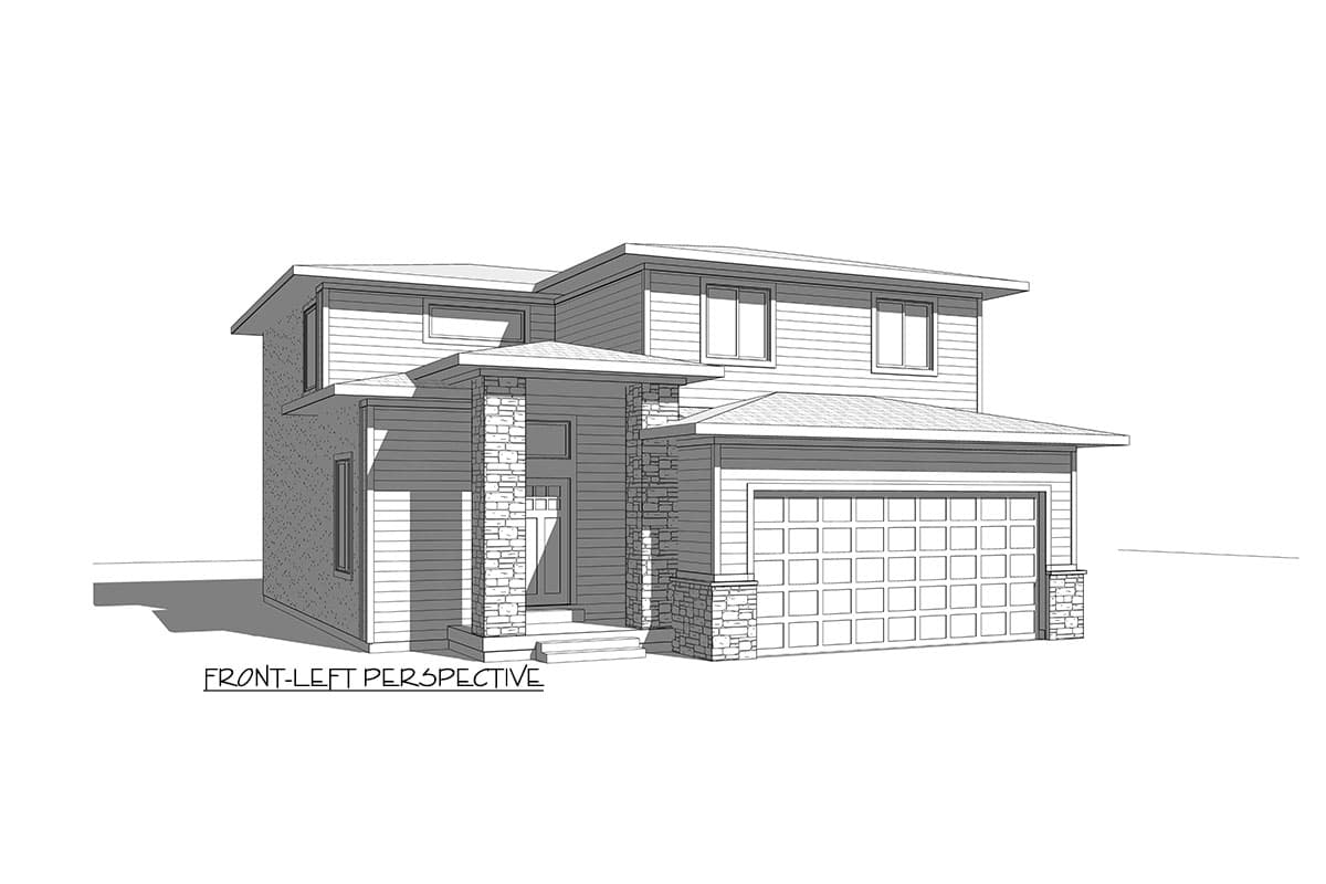House plan exterior, two-story, modern style, with stone accents on porch and garage.