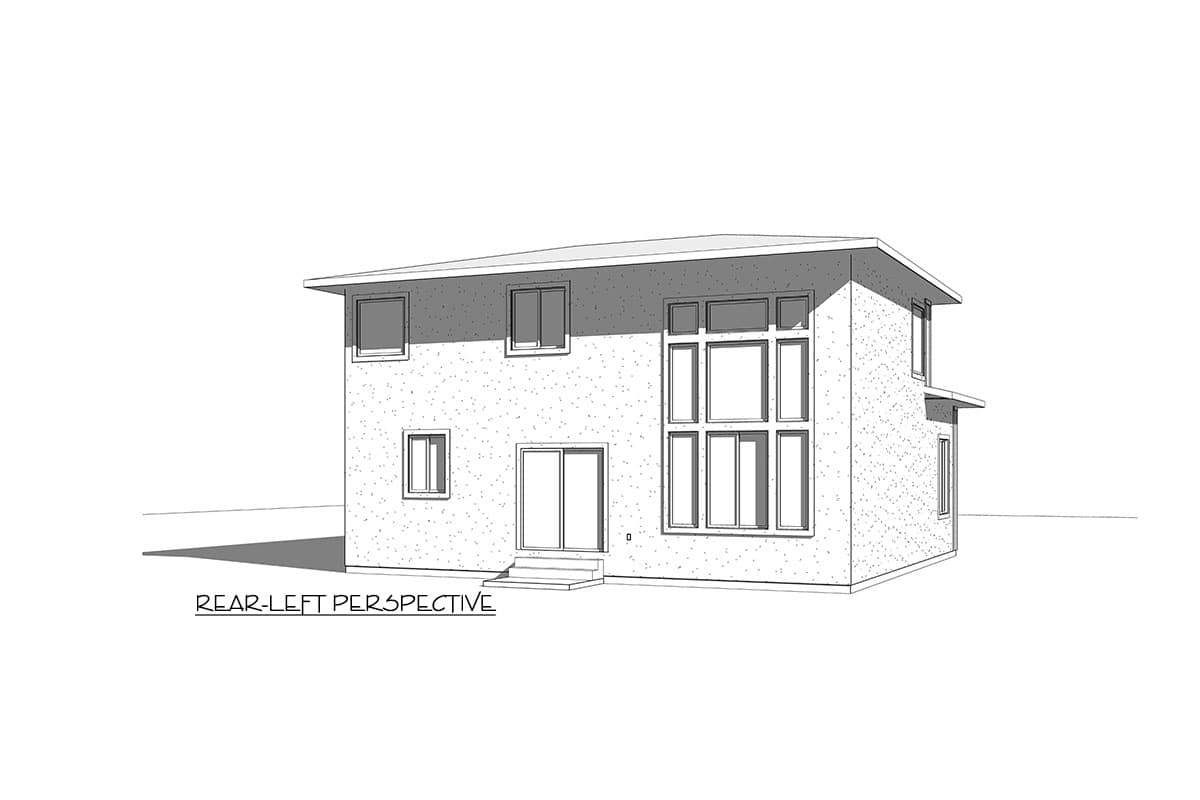 House plan exterior, two stories, flat roof, features a large multi-panel window on rear and sliding glass doors.