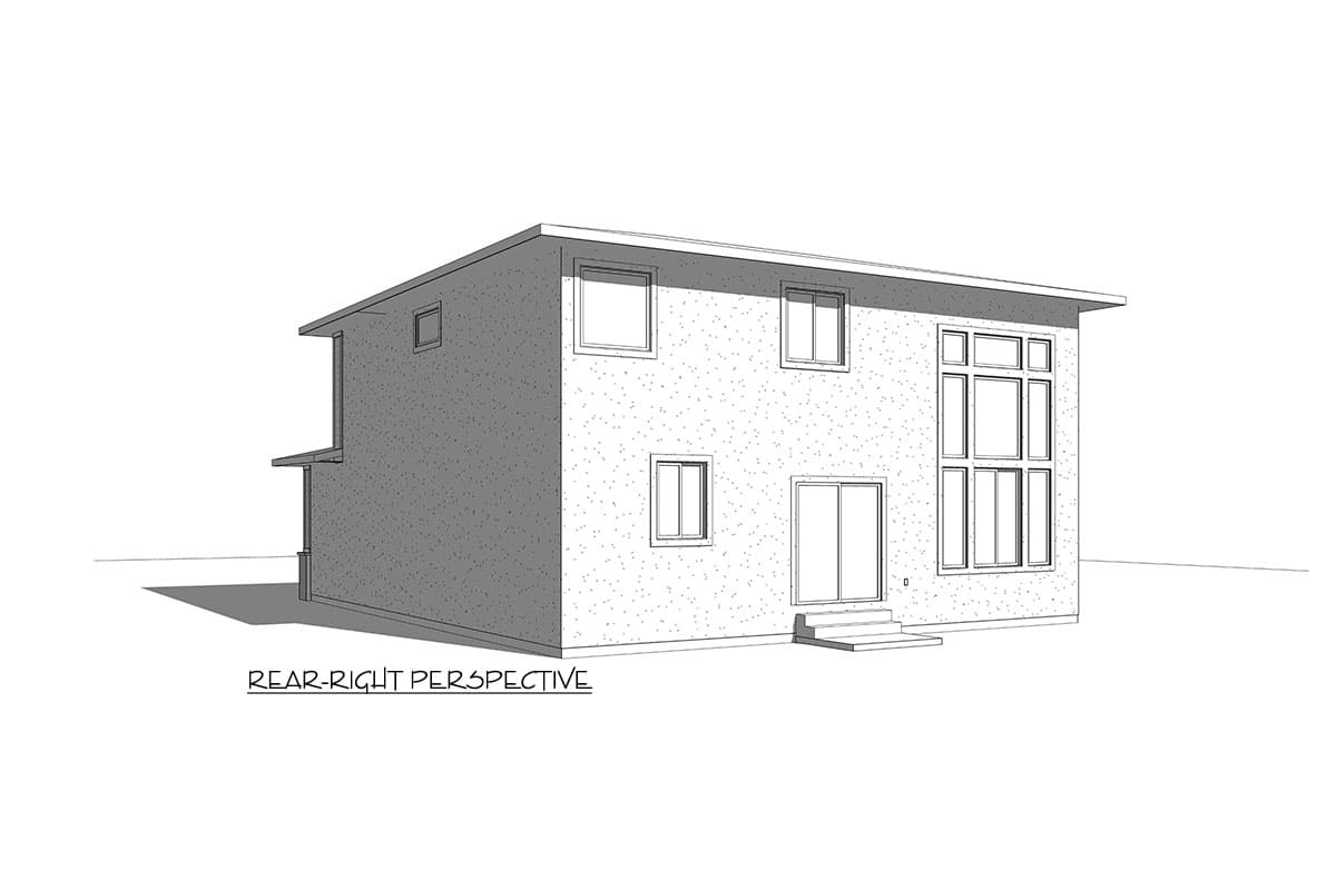 Two-story modern house plan exterior rear-right perspective, showing a flat roof, diverse window styles, and a double sliding glass door.