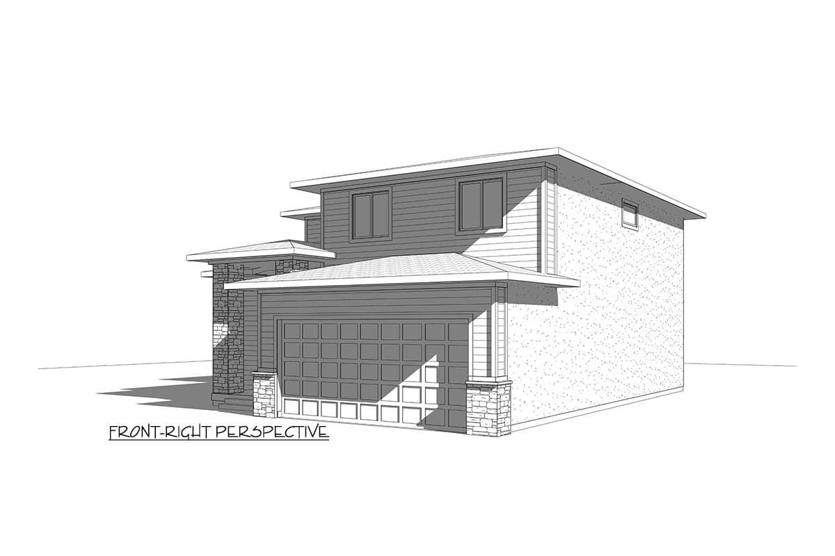 House plan exterior, two stories, with a two-car garage, stone accents, and layered rooflines.