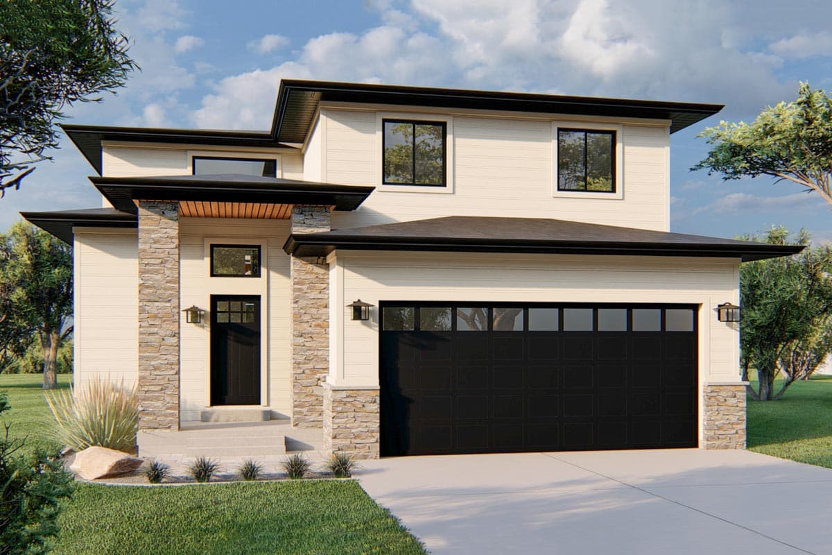 House plan exterior. Two-story modern house with a flat roof and stone accents. Features a two-car garage, and a covered entry.