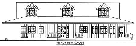 Front elevation drawing of a one-story house plan with a wrap-around porch, three dormer windows, and a central entry.