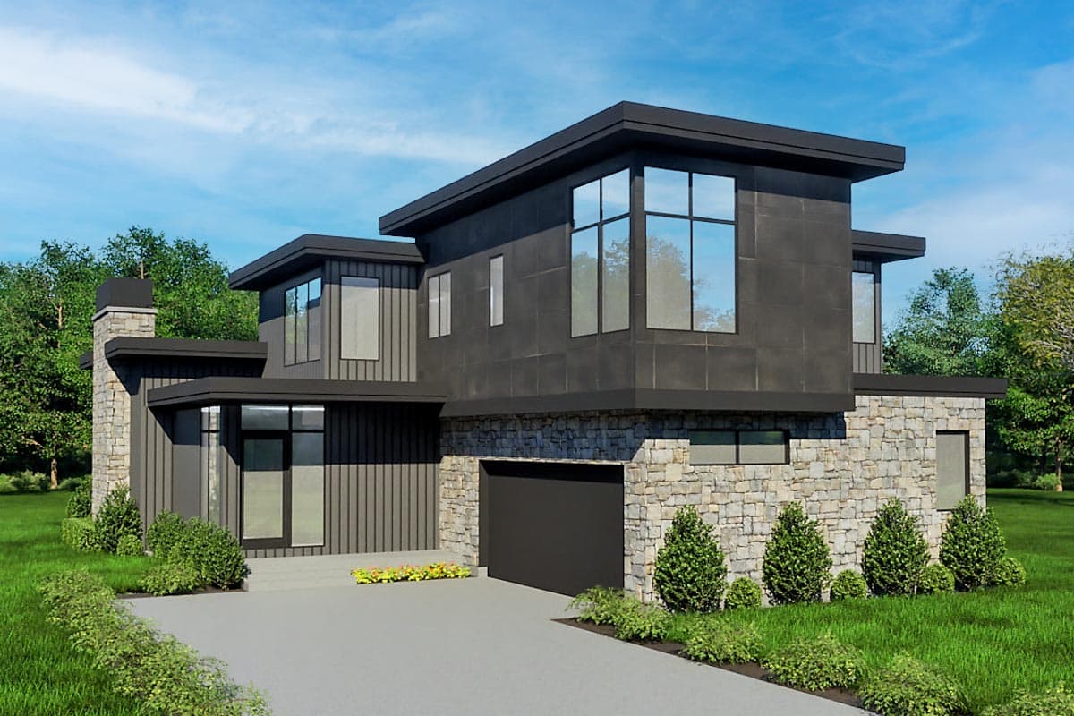 Modern house plan exterior with two stories. Features include a flat roof, stone facade, large windows, and an attached garage.
