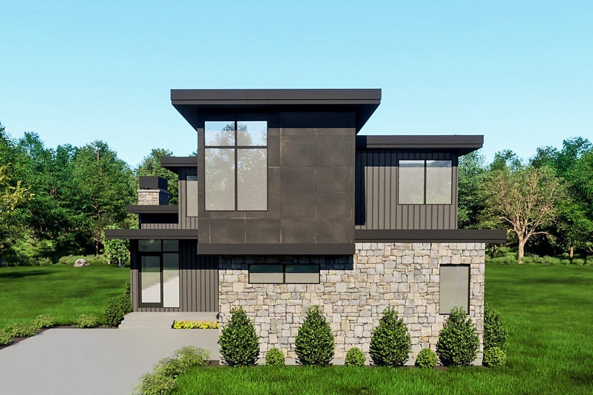 Modern house plan exterior with stone base, vertical siding, flat rooflines, and prominent square windows.