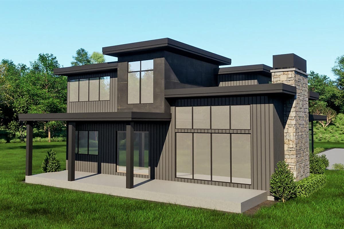 Modern two-story house plan exterior with vertical siding, flat roofs, large windows, and stone chimney.