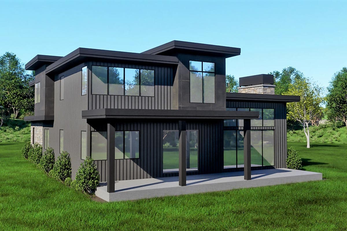 Modern two-story house plan exterior with flat roof, vertical siding, stone accents, large windows, and covered porch.