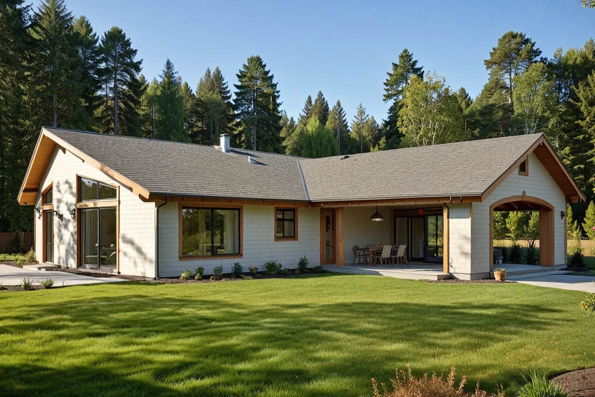 House plan exterior with L-shaped footprint, vaulted rooflines, large angled windows, and a two-bay carport.