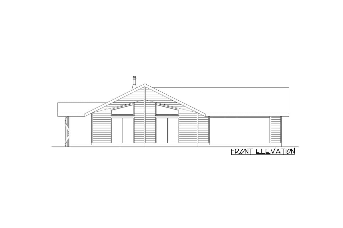 Front elevation drawing of a house plan with a prominent gable roof, two large glass doors, and an attached carport.