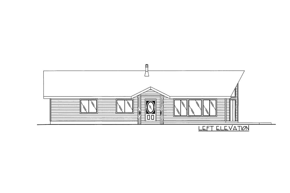 Left elevation house plan: one-story ranch with horizontal siding, a central covered entry with double doors, and multiple windows.