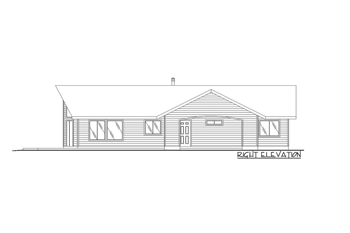 Right elevation drawing of a single-story house plan with a gable roof, garage, and multiple windows.