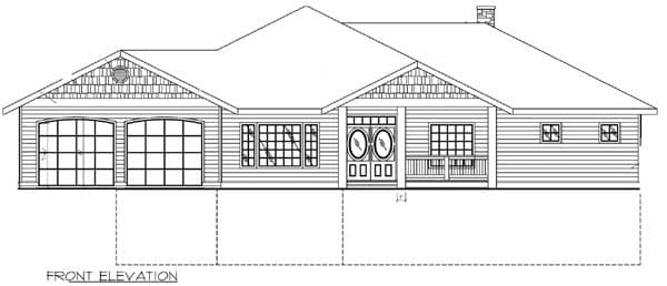 Front elevation drawing of a one-story house plan with a two-car garage, covered front porch, and gabled dormers.