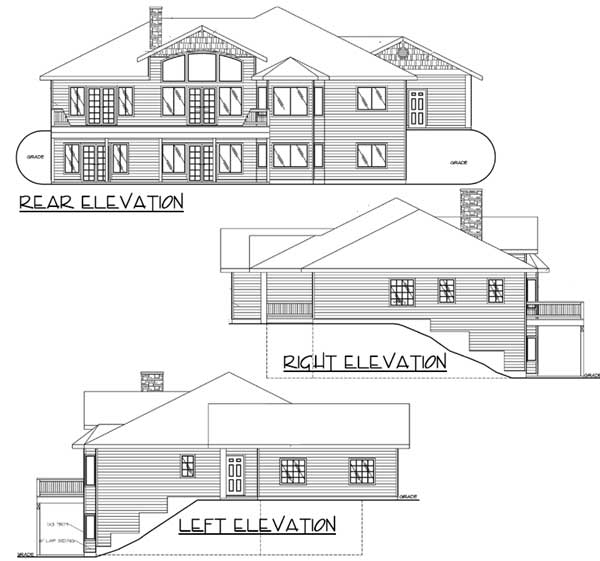 House plan rear, right, and left elevations showing a multi-story structure with multiple gables, dormers, and a prominent chimney.