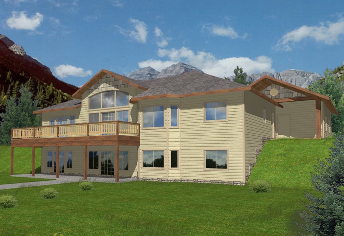 House plan exterior featuring a large deck, prominent gables with large windows, and a covered entrance.