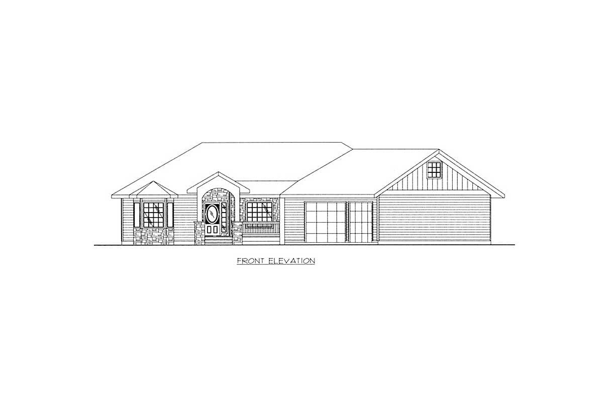 Front elevation drawing of a one-story house with a gabled roof, covered entryway, stone accents, and a two-car garage.