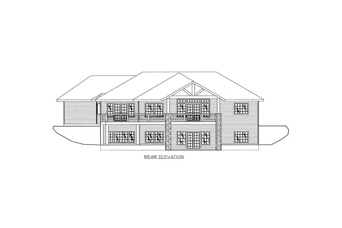 Rear elevation drawing of a two-story house plan with multiple windows, balconies, and a gabled dormer.