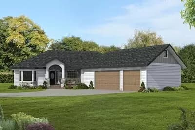 Rustic 2045 Square Foot Ranch Home Plan with Angled 3-Car Garage