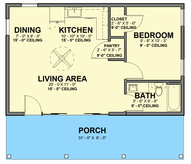 Plan 380003ASH: 650 Square Foot ADU Guest House with 8'-Deep Porch - Floor Plan - Main Level
