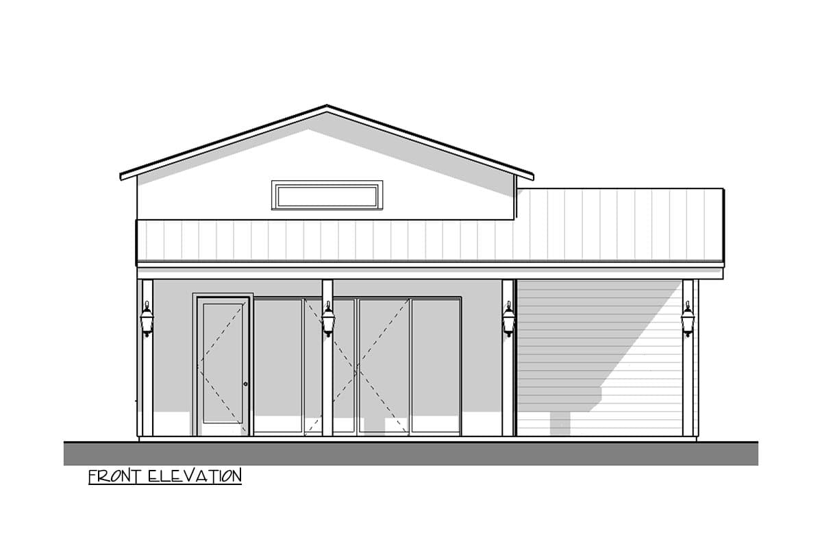 Front elevation drawing of a house plan with a covered porch, single door, and large sliding glass doors.