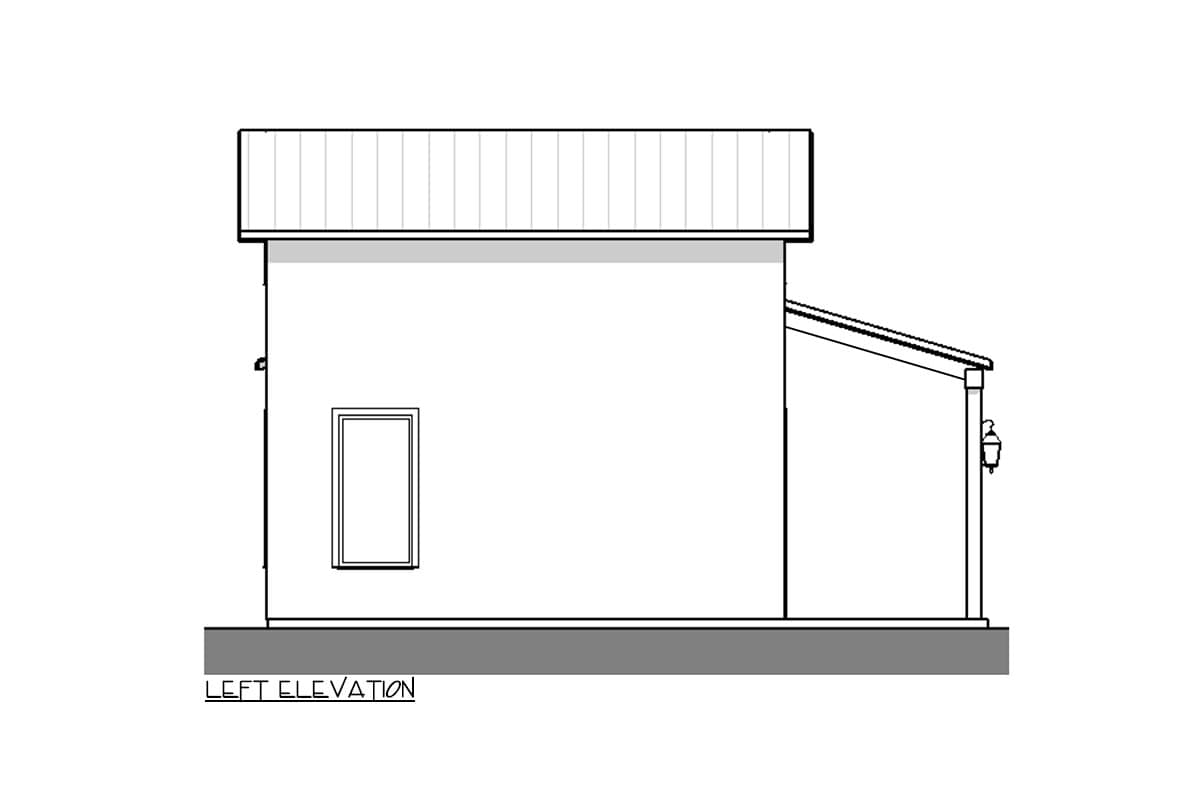 Left elevation drawing of a house plan with a metal roof, a single window, and a covered porch with a lantern.