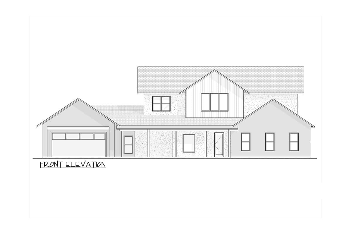 Front elevation drawing of a two-story house with a gabled roof, attached garage, covered porch, and dormer.